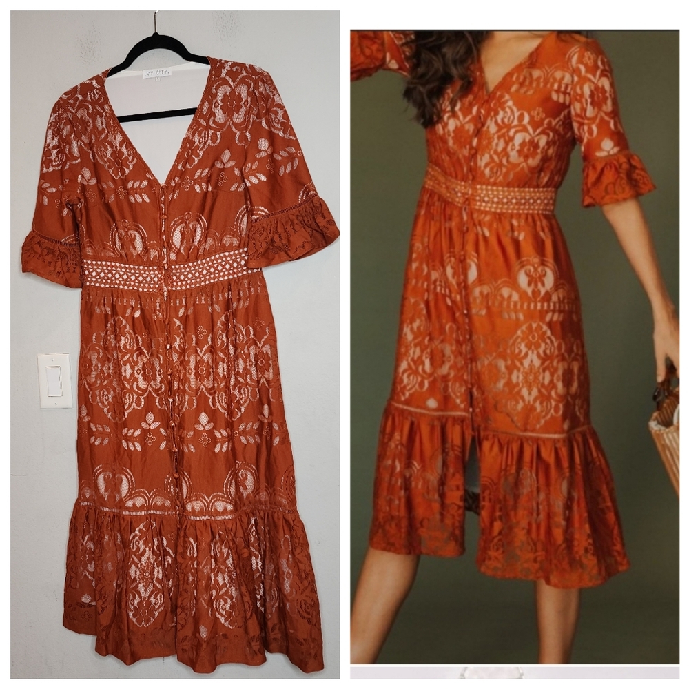 Ivy City Monroe Burnt Orange Floral Lace Button Front Midi Dress Size Large